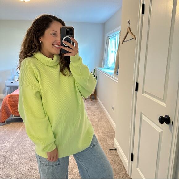 Free People Bright Lime Green Turtleneck Sweater Medium - Picture 3 of 14